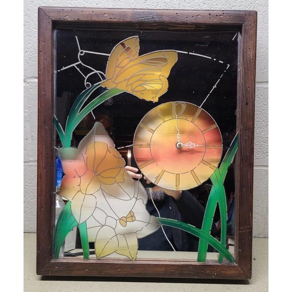Vintage Stained Glass Mirror Wall Clock - Flowers Butterfly - Clock not working. - Picture 1 of 4